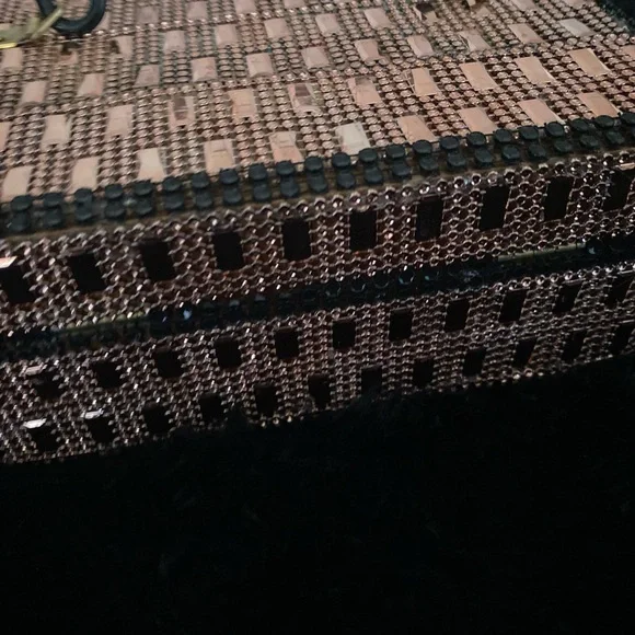 Rose Gold and Black Dress Box Purse with Black Handle, Mirror Inside - Picture 13 of 15